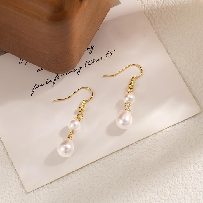 Moodear Dainty Pearl Dangle Earrings for Women - Trendy 14K Gold Plated Pearl Hypoallergenic Drop Earring Wedding Jewelry Gift