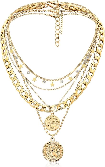 MJartoria Layered Necklaces for Women Trendy Retro Coin Pendant Necklace Dainty Chunky Chain Choker Necklaces for Jewelry Birthday Gifts