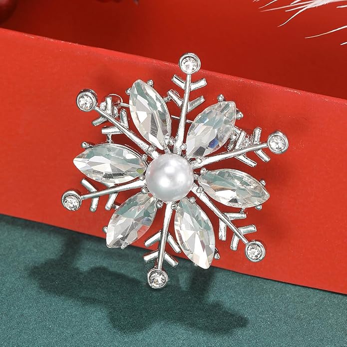 Crystal Snowflake Brooch for Women - Rhinestone Winter Pin with Pearl - Elegant Christmas Accessory for Clothing, Hat, Bag, Skirt - Birthday Party Costume Jewelry