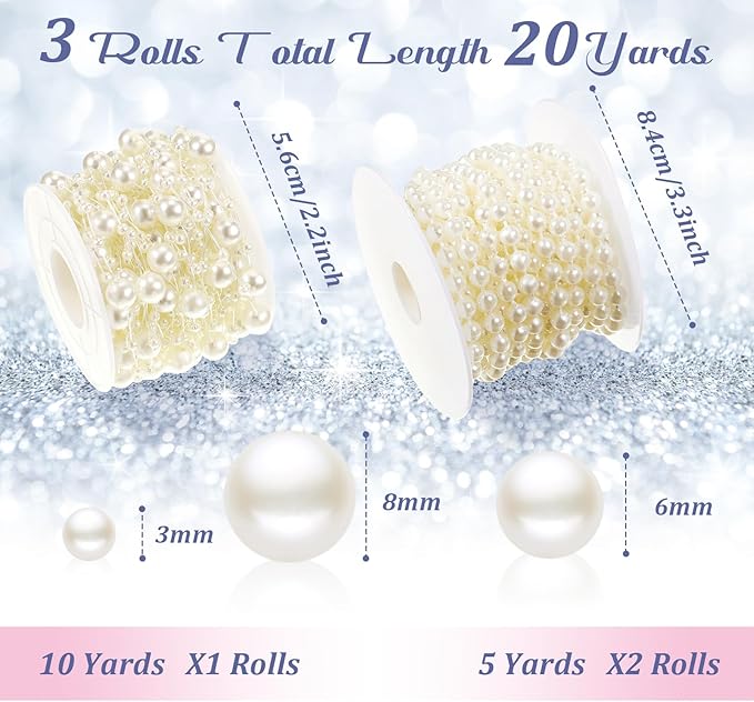 Bonuci 3 Rolls 66 Feet Pearls String Garland Faux Pearl Garland Spool Roll Strand Decoration Artificial Beads Chain Trim for Crafting String of Flowers Valentine Wedding Party(Beige,6mm)