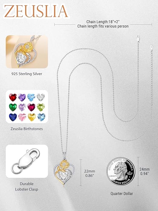 Zeuslia Double Birthstone Necklace Gifts for Wife - 925 Sterling Silver Sunflower/Rose/Crown Cross/Compass/Heart Pendant I Love You Necklace, Anniversary Birthday Gifts for Wife Girlfriend Mom Her