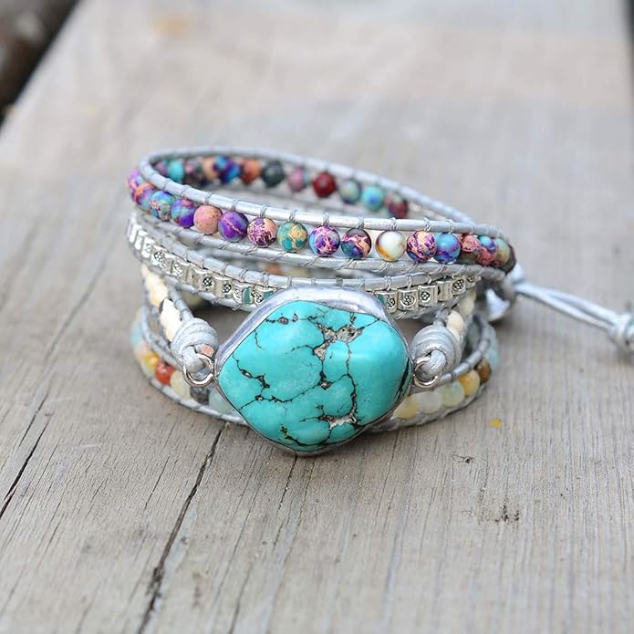 ZOSOJONA Boho Handmade Natural Stone Wrap Bracelets Turquoises Crystal Beads Bracelet Jewelry