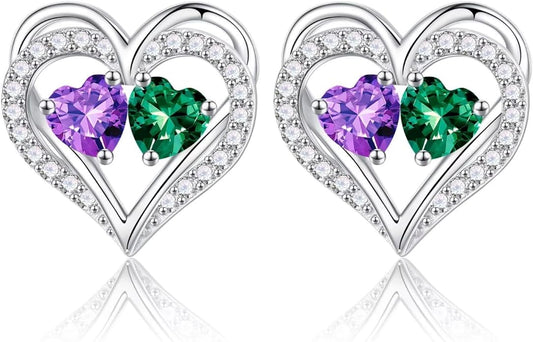 Iefil Birthstone Earrings for Women - 925 Sterling Silver Heart Earrings Anniversary Birthday Gifts for Women Wife Girlfriend Mom