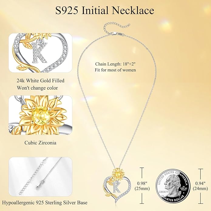AENEAS Sunflower Initial Necklace for Women Gold Plated Sterling Silver Letter Heart Pendant Jewelry Gift for Mom Wife Birthday Anniversary Christmas