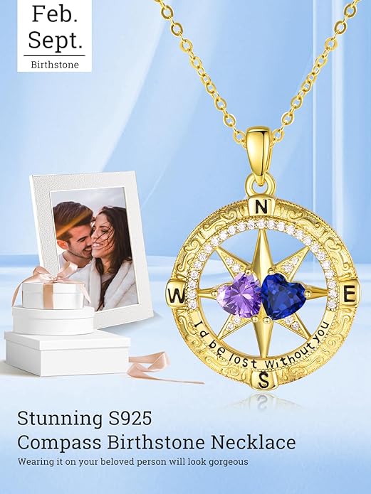 Zeuslia Double Birthstone Necklace Gifts for Wife - 925 Sterling Silver Sunflower/Rose/Crown Cross/Compass/Heart Pendant I Love You Necklace, Anniversary Birthday Gifts for Wife Girlfriend Mom Her