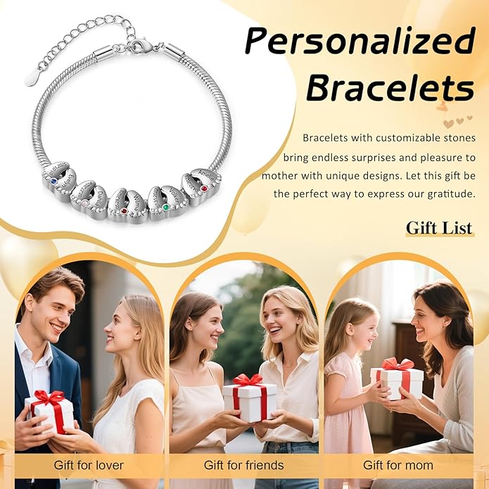 Jeweidea Personalized Foot Charm Birthstone Bracelet – Custom Engraved Bracelet with 1–5 Foot Charms, Name and Date Engraving, Meaningful Jewelry Gift for Mom Wife