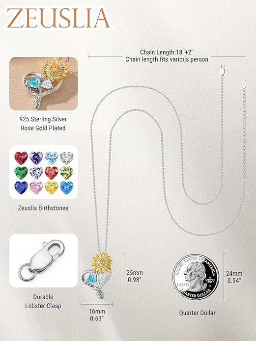 Zeuslia Double Birthstone Necklace Gifts for Wife - 925 Sterling Silver Sunflower/Rose/Crown Cross/Compass/Heart Pendant I Love You Necklace, Anniversary Birthday Gifts for Wife Girlfriend Mom Her