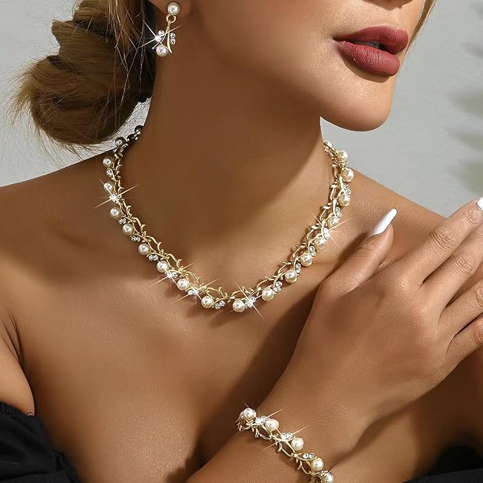 la luen Pearl Bride Wedding Jewelry Set Faux Pearls Crystal Rhinestone Necklace Earrings Bracelet Sets for Women Bridesmaid(3 PCS)