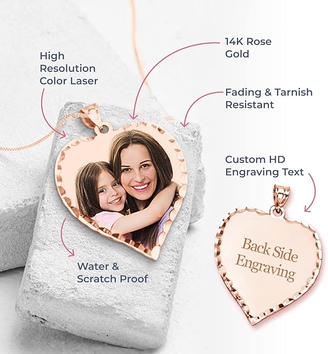 PicturesOnGold.com Personalized Photo Engraved Heart Shaped Picture Necklace with Diamond Cut Edge in Silver, Gold, White Gold or Rose Gold - 1 Inch x 1 Inch