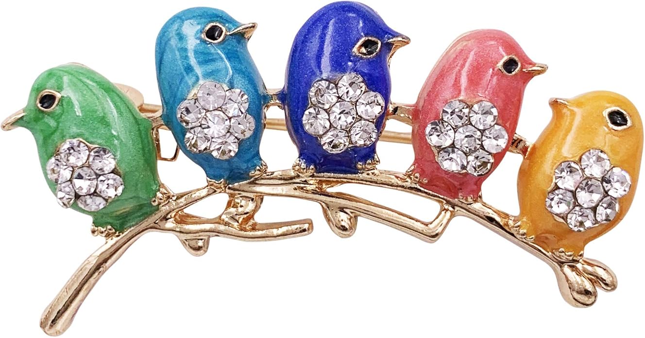 Cute Little Bird Multi Color Brooch Pin Crystal Gold Tone