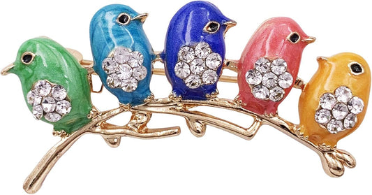 Cute Little Bird Multi Color Brooch Pin Crystal Gold Tone