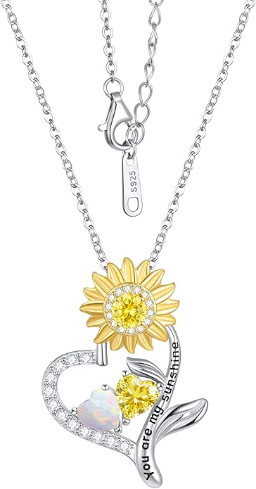 PERJI Valentine's Day Gifts for Women - 925 Sterling Silver Double Birthstone Sunflower Necklace, Anniversary Birthday Jewelry You are My Sunshine Gifts for Wife Couple Girlfriend 18"+2" Non Tarnish
