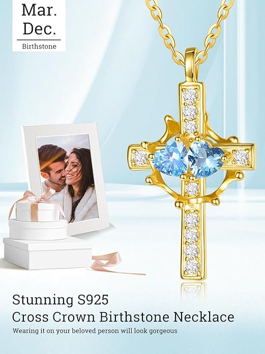 Zeuslia Double Birthstone Necklace Gifts for Wife - 925 Sterling Silver Sunflower/Rose/Crown Cross/Compass/Heart Pendant I Love You Necklace, Anniversary Birthday Gifts for Wife Girlfriend Mom Her