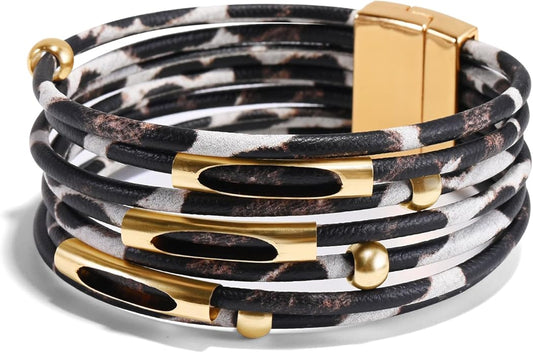 ENGCKSHI Wrapped Bracelets for Women,Leather Bracelet,Boho Bracelets for Women,Multi-Layer Pearl Crystal Bracelet Bangle Jewelry