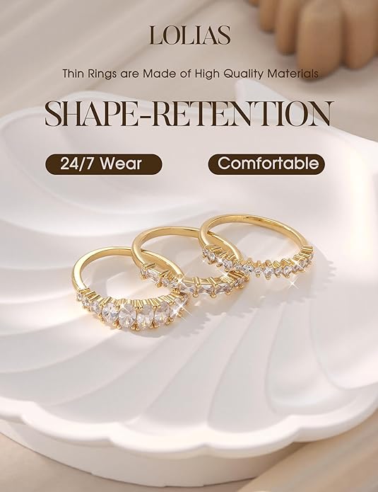 LOLIAS 14K Gold Plated Stackable Rings for Women Non Tarnish - Dainty Cubic Zirconia Wedding Bands Ring Set Minimalist Trendy Statement Engagement Promise Thumb Rings Stacking Size 5-10