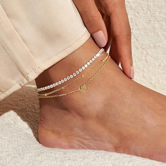 Yanoda Initial Ankle Bracelets for Women, 14K Gold Plated Waterproof Dainty Layered Heart Letter Initial Anklets Personalized Gifts