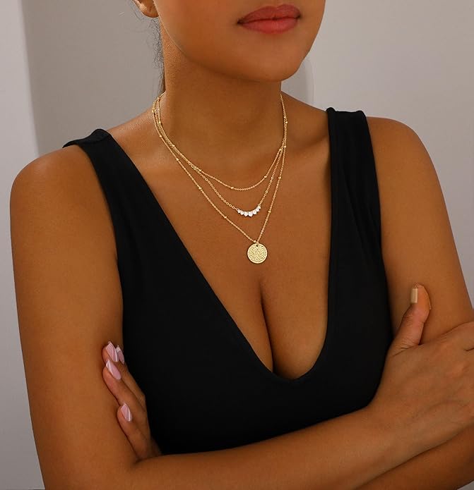 BBV Layered Gold Necklaces for Women Stackable Dainty 14K Gold Plated Silver Chain Necklace Layering Cute Fashion Pendant Choker Necklaces Trendy Jewelry Set Gifts for Women
