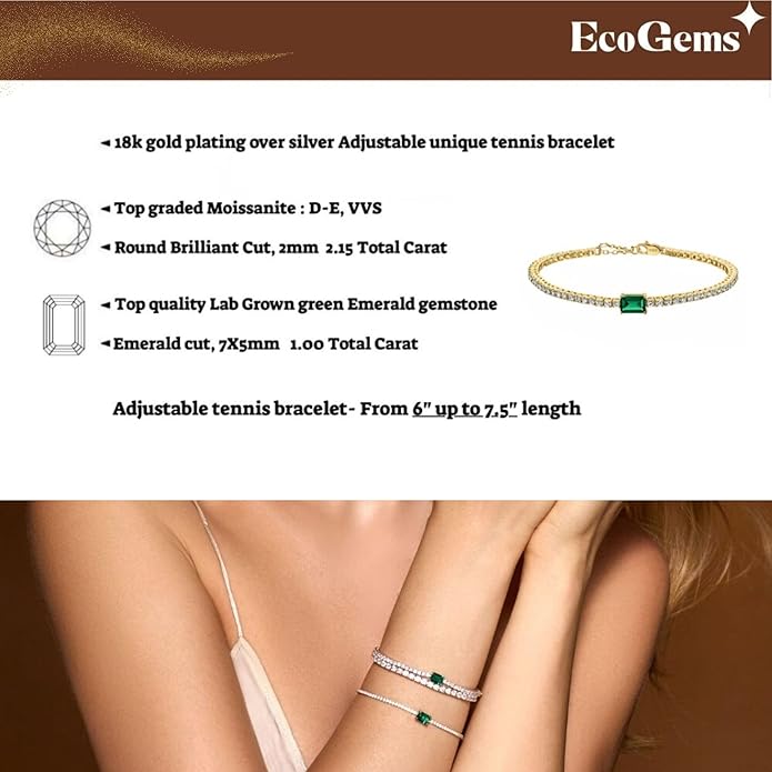 18K White/Yellow Gold Plated Silver Bracelet With Lab Grown Sapphire/Emerald/Ruby Surrounded With Lab Grown Diamond/Moissanite, Bracelet For Women Comes With Gift Box
