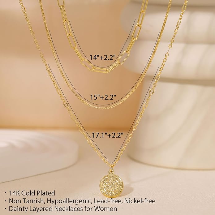 Layered Necklaces for Women, Dainty 14K Gold Plated Herringbone Chain Necklace Set Chunky Gold Necklace Stack Layering Choker Necklaces for Women Trendy Fashion Waterproof Jewelry