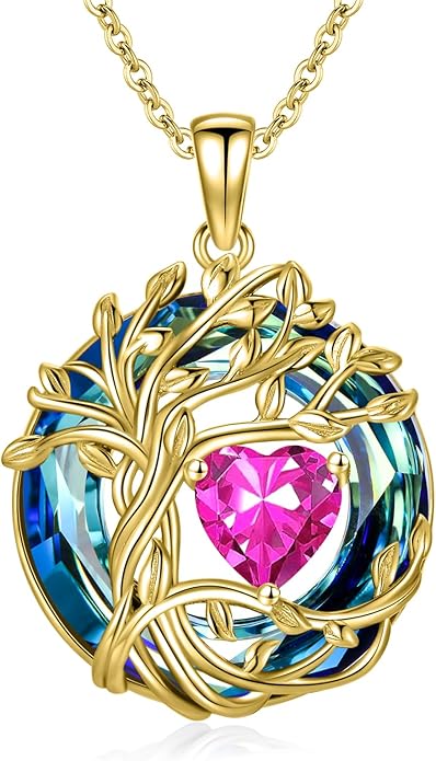 TOUPOP Christmas Gifts Tree of Life Birthstone Necklace 925 Sterling Silver Pendant Austrian Crystal Jewelry Anniversary Birthday Gifts for Women Mom Her Wife