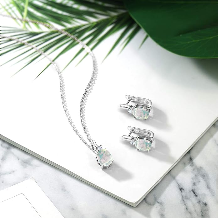 Gemstone Birthstone and White Created Sapphire Pendant and Earrings Jewelry Set for Women in 925 Sterling Silver | Oval 8X6MM and Round 2.5MM | With 18 Inch Chain | Fine Jewelry for Her Mom Women Wife