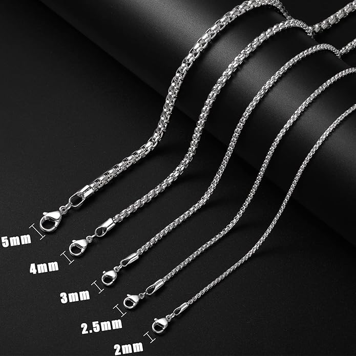 Fiusem Box Chain for Men, Silver Tone/14K Gold Plated/Black Stainless Steel Necklace for Men and Women, Width 2/2.5/3/4/5mm, Length 18-28 Inches