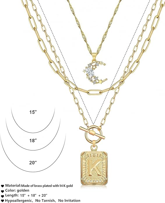 MJartoria Layered Initial Necklaces for Women Trendy, 14K Gold Plated Brass Simple Moon Choker Square Letter Pendant Necklace, Paperclip Chain Necklaces Jewelry Gifts