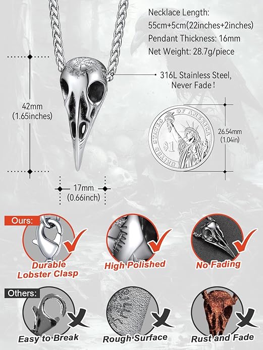 FaithHeart Viking Raven Necklace for Men, Norse Mythology Raven Skull Pendant Sturdy Stainless Steel Amulet Jewelry Gift for Men