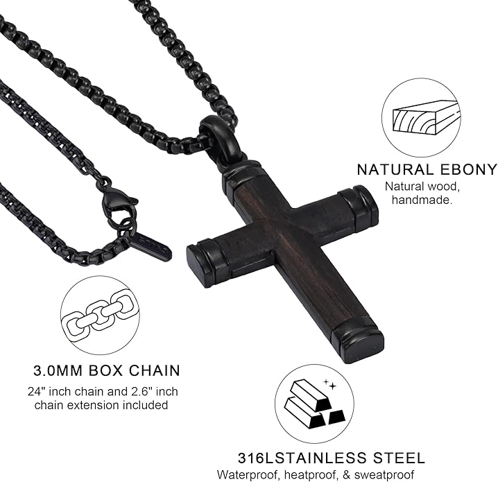 GTMJ Cross Necklace for Men -Stainless Steel & Wood Adjustable Box Chain 24-26in, Spiritual Jewelry Gift for Him, Everyday Wear