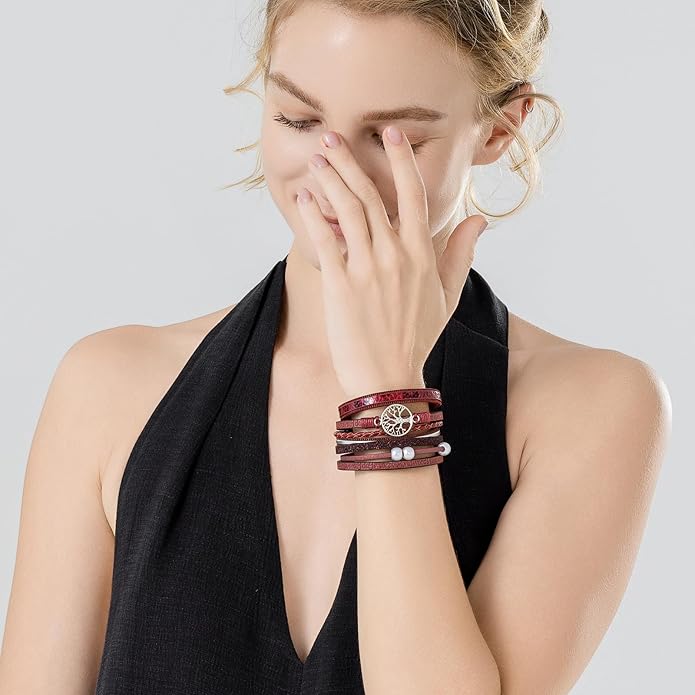 FANCY SHINY Tree of Life Leather Wrap Bracelet Inspirational Cuff Bangles Boho Pearl Bracelets with Magnetic Clasp Unique Jewelry Gifts for Women