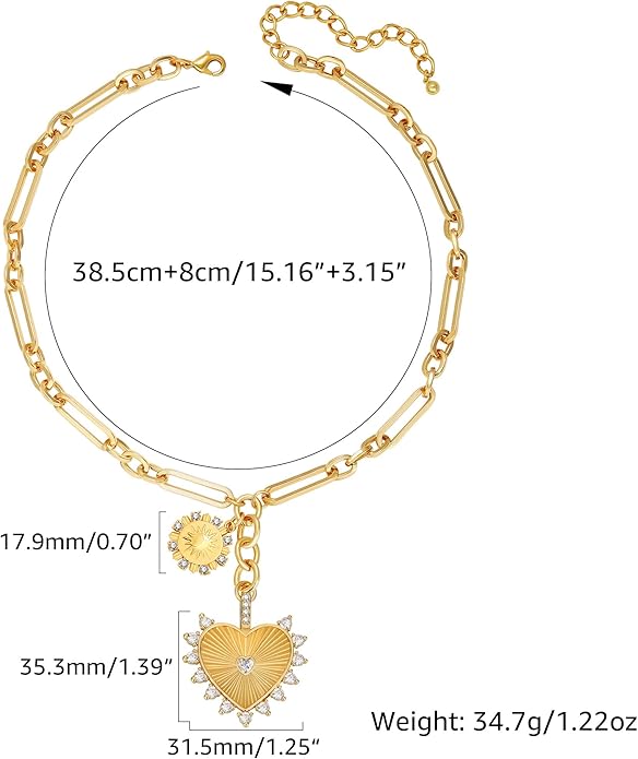 Chunky Gold Necklace for Women, 18K Waterproof Heart Necklace Statement Necklace Gold Charm Necklace Chunky Jewelry Paperclip Chain Choker Gift for Women