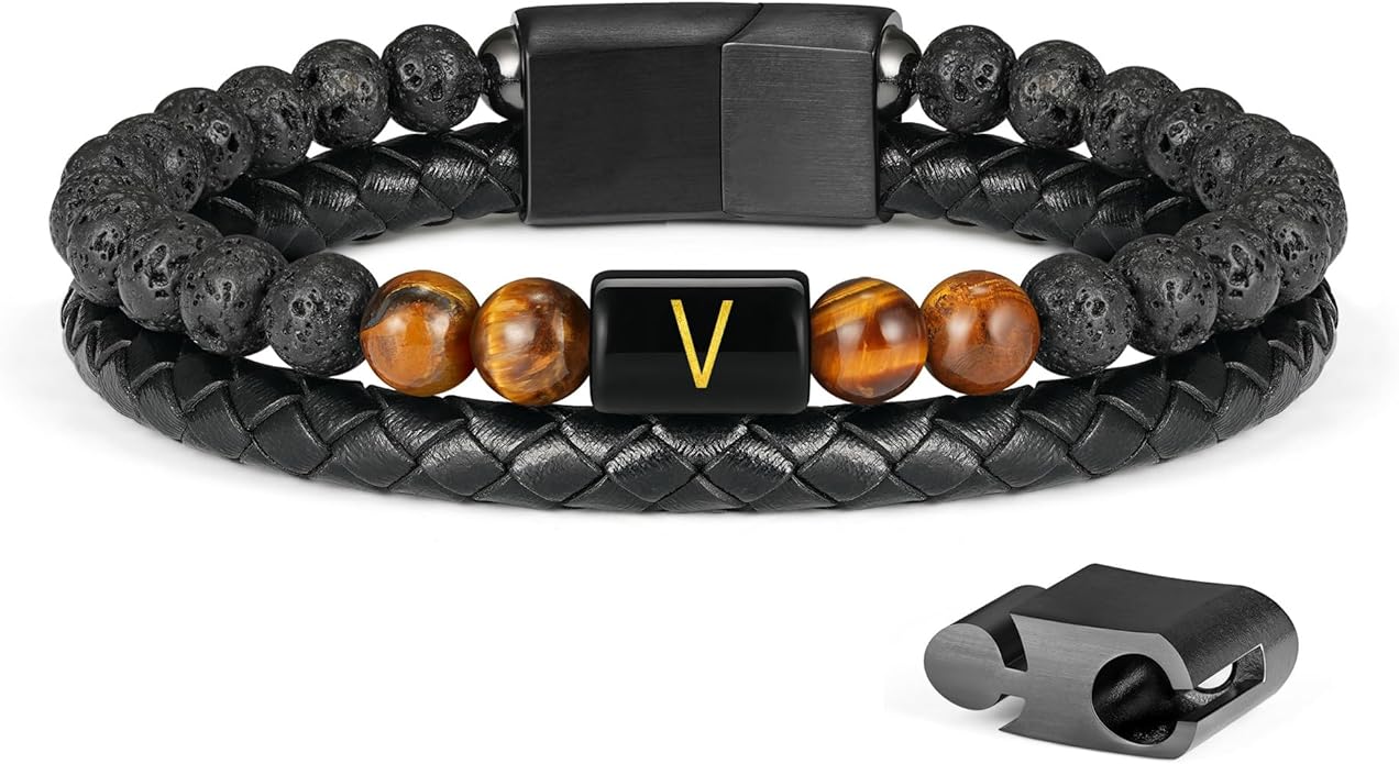 LUXEJEW Gifts for Men - Mens Bracelet, Beaded Leather Initial Bracelet 6mm Matte Agate Stone Handmade Bracelets Adjustable Stainless Steel Magnetic Clasp Mens Jewelry Gifts