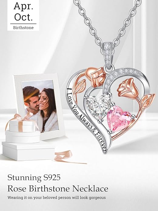 Zeuslia Double Birthstone Necklace Gifts for Wife - 925 Sterling Silver Sunflower/Rose/Crown Cross/Compass/Heart Pendant I Love You Necklace, Anniversary Birthday Gifts for Wife Girlfriend Mom Her