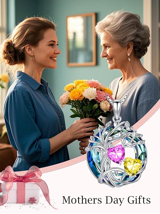 TOUPOP s925 Sterling Silver Family Celtic Tree of Life Pendant Necklaces with 2 Heart Birthstone with Blue Austrian Crystal Jewelry Birthday Anniversary Christmas Gifts for Her Wife Girlfriend Mom (18K Real White Gold Filled)
