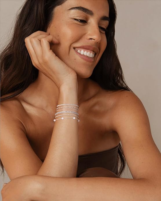 MBW 14K Silver Plated Bracelets for Women, Dainty Silver Bracelets for Women Set Bracelet Stack Waterproof Jewelry for Women Trendy Minimalist Simple Small Thin Bracelet Set for Women Teen Girls Gift