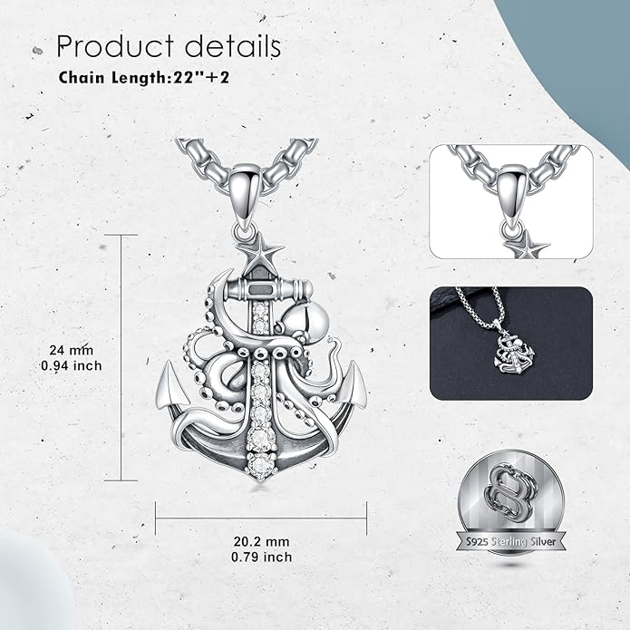 MEIDERBO Anchor Necklace for Men Women 925 Sterling Silver Earth/Swordfish/Trident/Compass Pendant Nautical Jewelry for Birthday Christmas