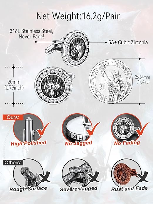FaithHeart Mens Cufflinks, Norse Viking Tuxedo Shirt Cuff Links, Stainless Steel Cuff Links and Shirt Studs, Gift Box
