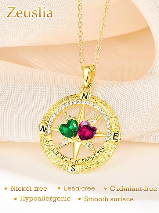Zeuslia Double Birthstone Necklace Gifts for Wife - 925 Sterling Silver Sunflower/Rose/Crown Cross/Compass/Heart Pendant I Love You Necklace, Anniversary Birthday Gifts for Wife Girlfriend Mom Her