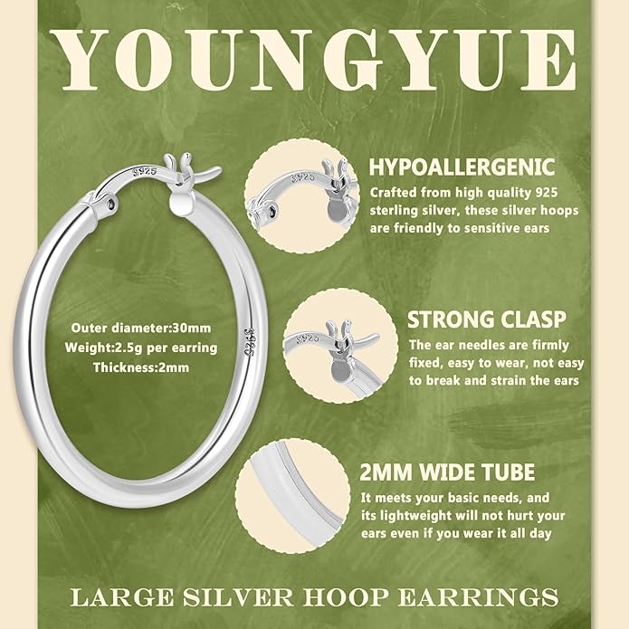 YOUNGYUE 925 Sterling Silver Hoop Earrings for Women Hypoallergenic Oversize 14K Gold Hoops Earrings for Women Thin Gold Plated Hoop earrings Lightweight Large Silver Hoop Earrings 30/40/50/60/70mm