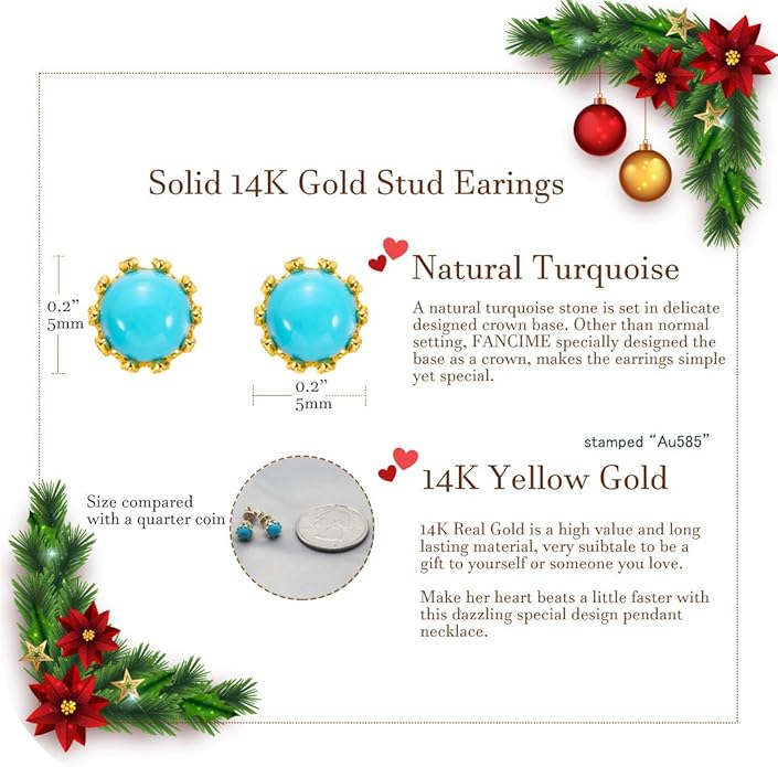 FANCIME 14K Real Solid Yellow Gold Genuine Gemstone Earrings Small Natural Turquoise Birthstone Earrings Hypoallergenic Bezel Setting Fine Jewelry for Women
