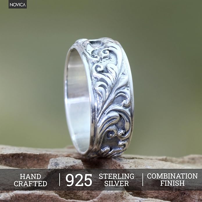 NOVICA Artisan Handmade Sterling Silver Band Ring Leaf Tree No Stone Indonesia [band Width 8 mm W] 'Flourishing Foliage'