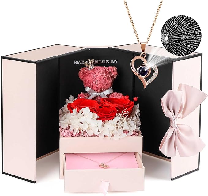 ADDWel Rose Gifts for Women Birthday Christmas - Preserved Real Roses Forever Red Flowers with I Love You in 100 Languages Necklace and Cute Moss Bear for Girlfriend Wife Mom Grandma