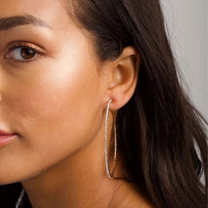 925 Sterling Silver Earrings Large Rhinestone Hoop Earrings Big Cubic Zirconia Hoop Earrings Thin Rhinestones Round Hoop Earrings for Women 20/30/40/50/60/70mm Sparkly Hoops With Crystals for Womens