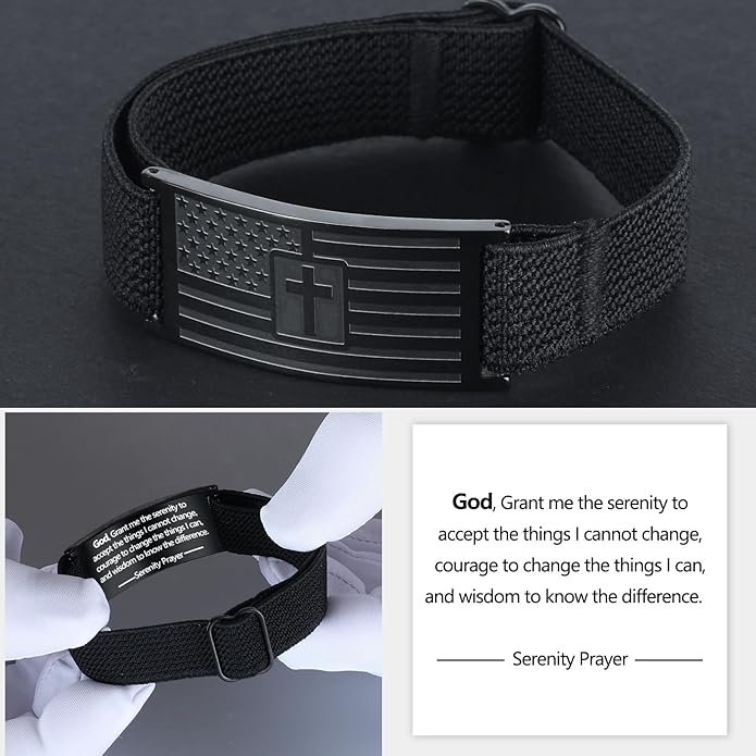 LDOWWGL Valentines Day Gifts - Mens Bracelet - American Flag Christian Cross Bracelet for Boys - Adjustable Black Elastic Stretch Strap with Bible Verse - Gift for Son Grandson