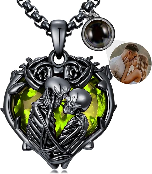 Flpruy 925 Sterling Silver Black Gothic Jewelry Gifts Skeleton Couple Pendant Crystal Birthstone Heart Necklace Punk Romantic Jewelry for Lover Men Women