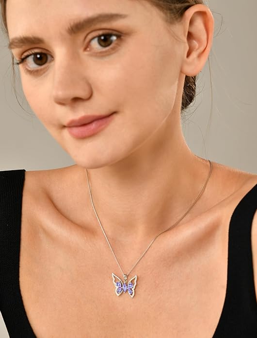 YL Women's Butterfly Necklace 925 Sterling Silver Flower Rose Pendant Birthstone Halo Jewelry