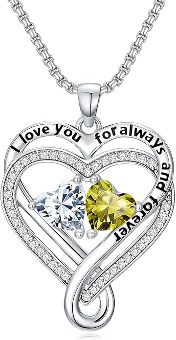 I Love You for Awlays and Forever Double Heart Necklace with Birthstone, 2 Birth Stone Jewelry Anniversary Valentines Mothers Day Christmas Birthday Gifts for Women Her Wife Girlfriend Mom Mother