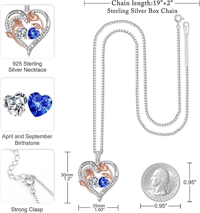 Iefil Birthstone Necklace for Women - 925 Sterling Silver Rose Heart Birthstone Necklace Birthday Anniversary Jewelry Gifts for Her Wife Mom Daughter