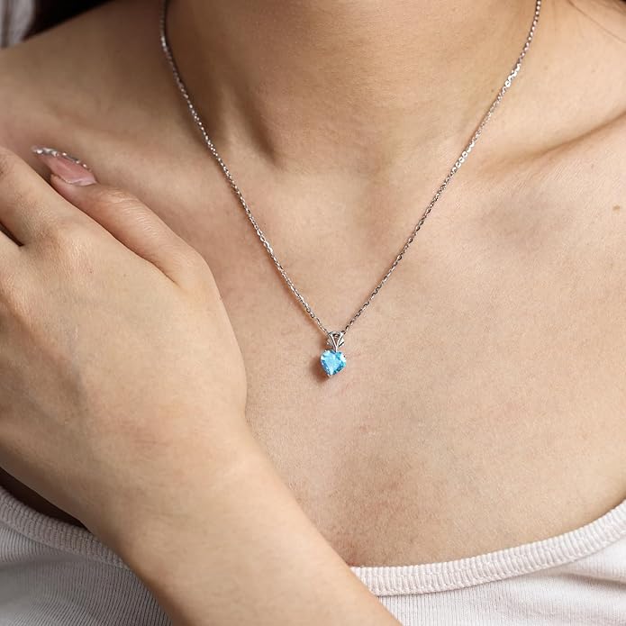 AGVANA Christmas Gifts 14K White Gold Gemstone Pendant with Sterling Silver Chain 8mm Heart Birthstone Necklace for Women Fine Jewelry Anniversary Birthday Gifts for Women Mom Wife Girlfriend Her