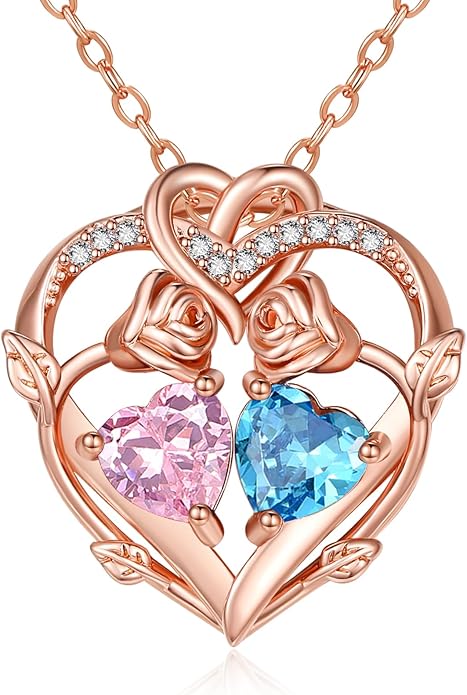 Rose Gold Necklaces for Women Double Birthstone Rose Flower Heart Pendant Necklace Jewelry Anniversary Christmas Valentine's Mother's Day Birthday Gift for Wife Mom Her Girlfriend Sister